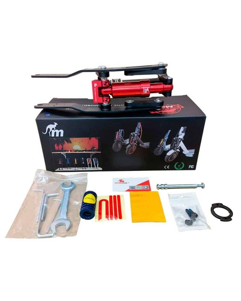 Suspensión delantera Monorim original rojo y negro para patinete eléctrico.